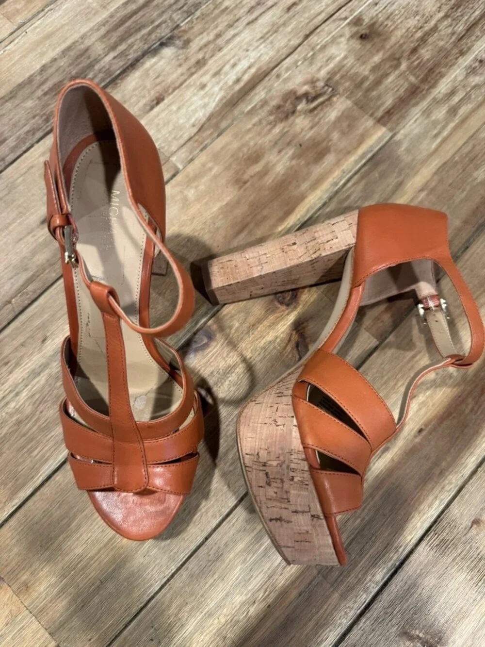 Michael Kors Mercer Platform Heels Cork & Leather Orange Women's Size 7 1/2